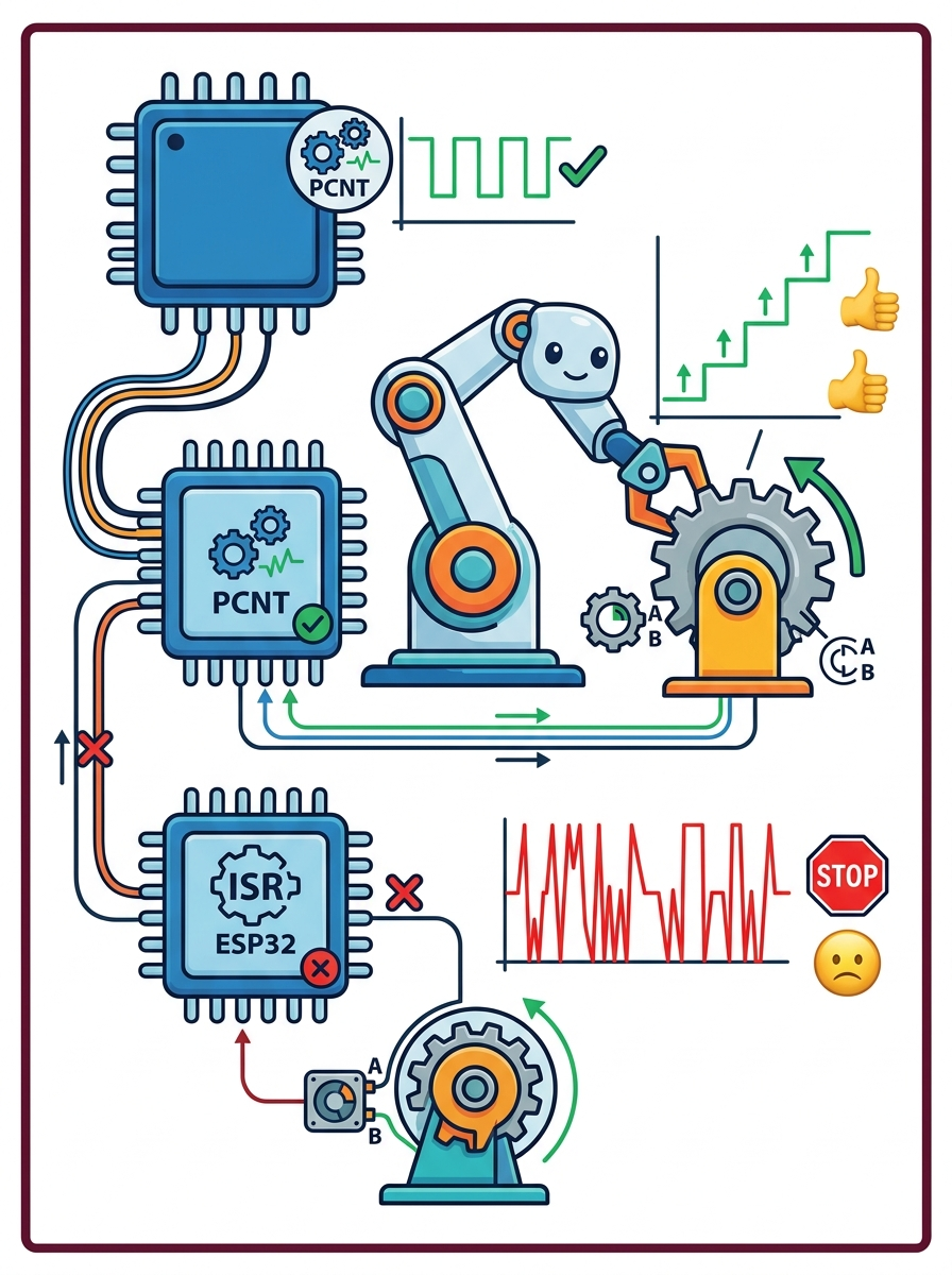 Carátula: Lectura correcta y eficiente de ENCODERS de cuadratura en ESP32: análisis comparativo entre el periférico pcnt e interrupciones externas